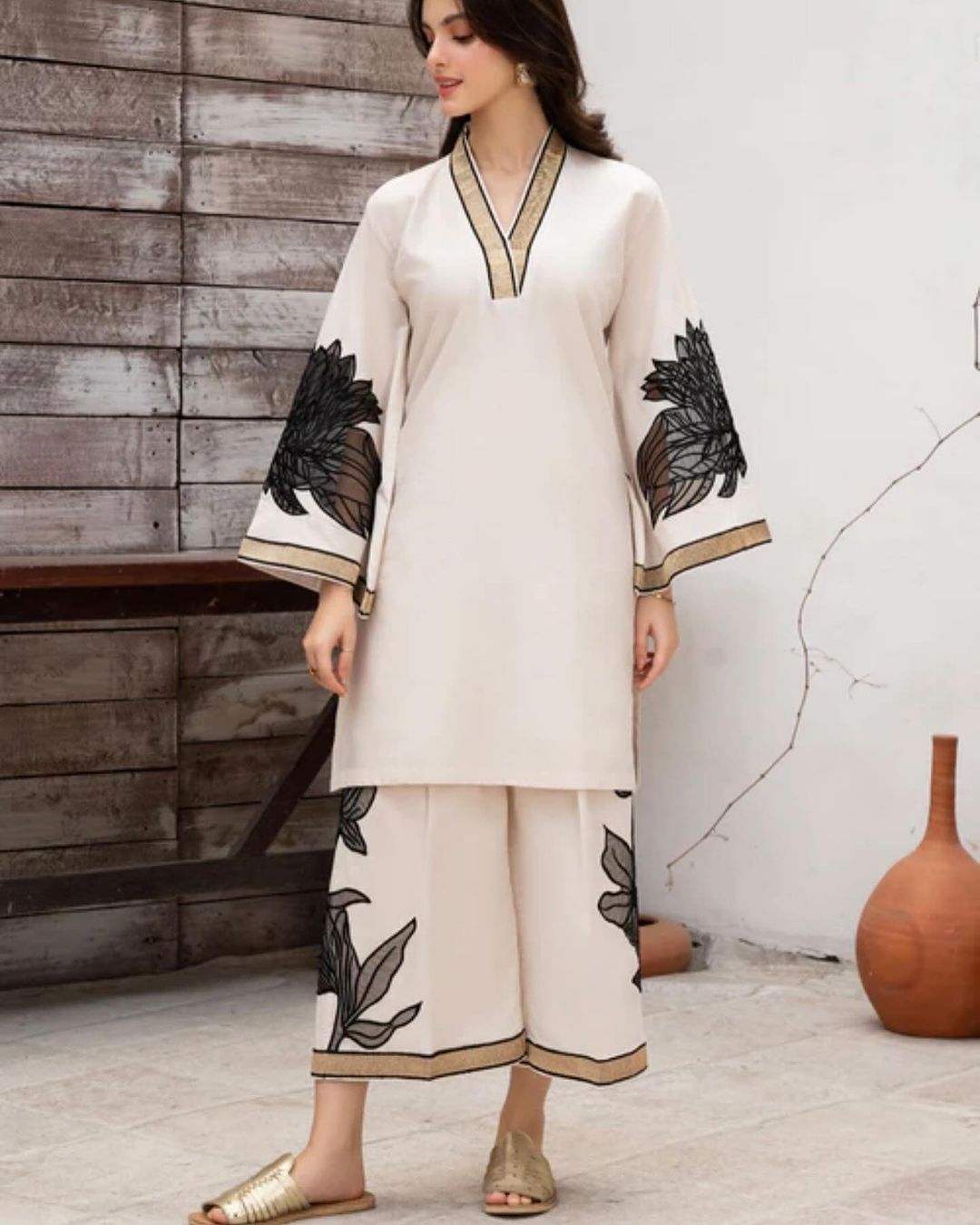 Almond Emb Shirt With Almond Emb Plazo ( White Colour)
